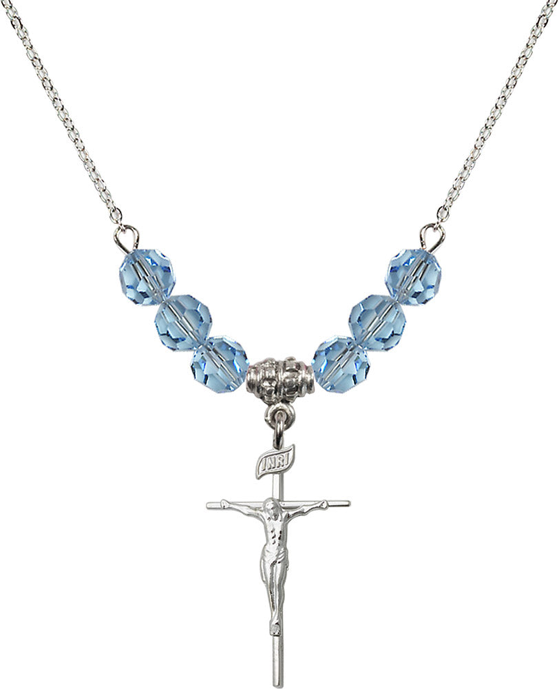 Sterling Silver Crucifix Birthstone Necklace with Aqua Beads - 1535