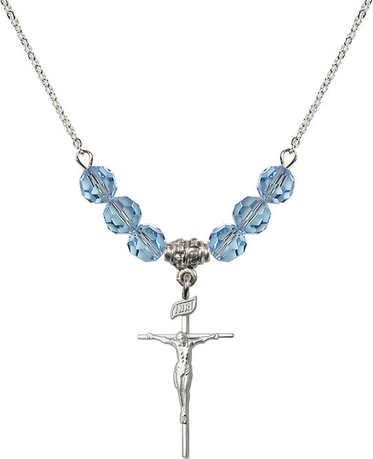 Sterling Silver Crucifix Birthstone Necklace with Aqua Beads - 1535