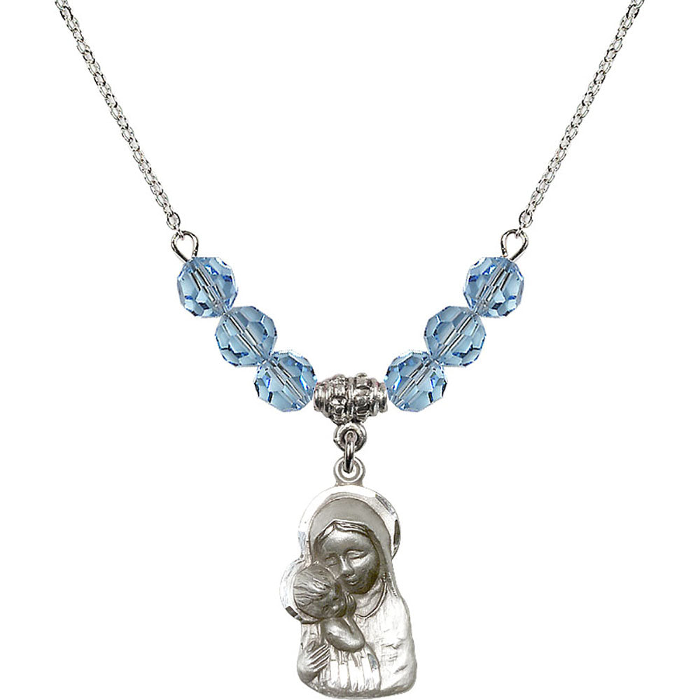 Sterling Silver Madonna & Child Birthstone Necklace with Aqua Beads - 1612