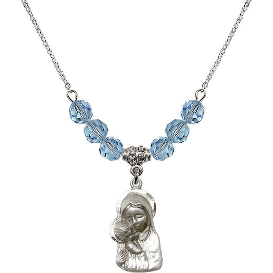Sterling Silver Madonna & Child Birthstone Necklace with Aqua Beads - 1612