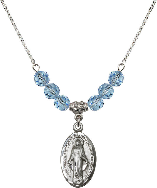 Sterling Silver Miraculous Birthstone Necklace with Aqua Beads - 1615