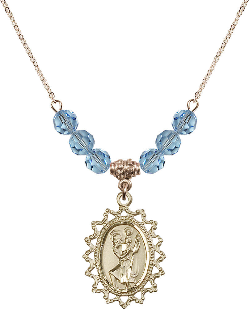 14kt Gold Filled Saint Christopher Birthstone Necklace with Aqua Beads - 1619