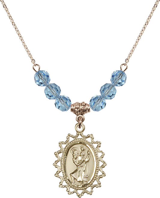 14kt Gold Filled Saint Christopher Birthstone Necklace with Aqua Beads - 1619