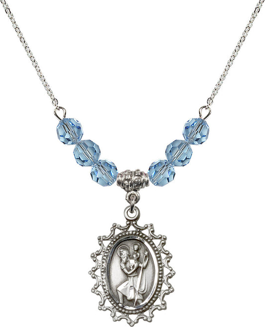 Sterling Silver Saint Christopher Birthstone Necklace with Aqua Beads - 1619