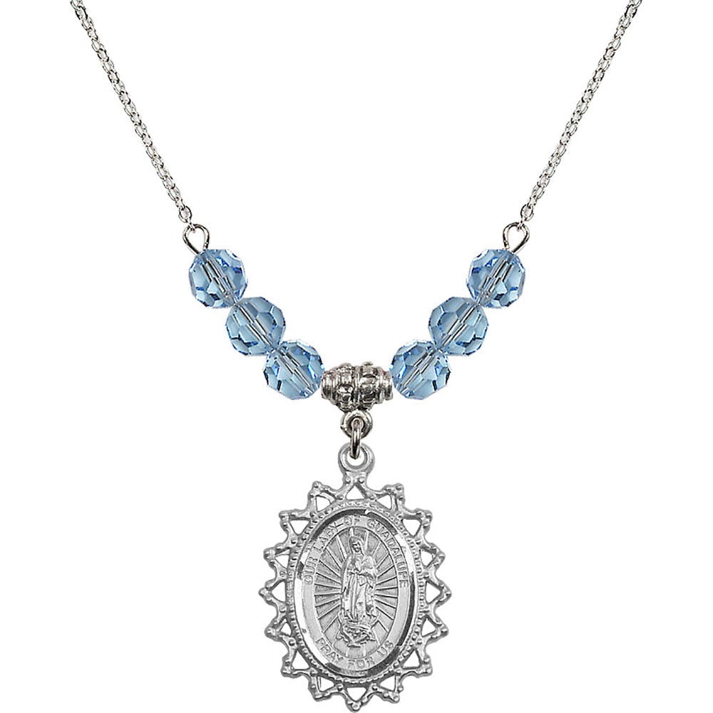 Sterling Silver Our Lady of Guadalupe Birthstone Necklace with Aqua Beads - 1619