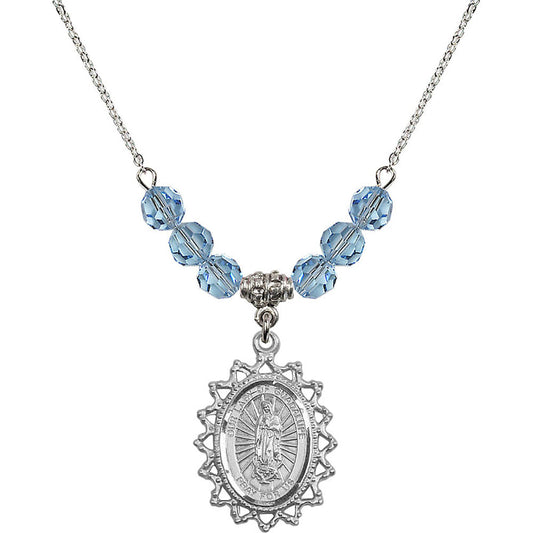 Sterling Silver Our Lady of Guadalupe Birthstone Necklace with Aqua Beads - 1619