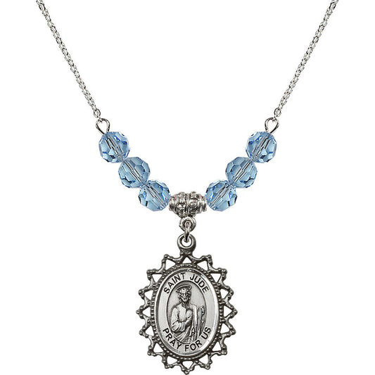 Sterling Silver Saint Jude Birthstone Necklace with Aqua Beads - 1619