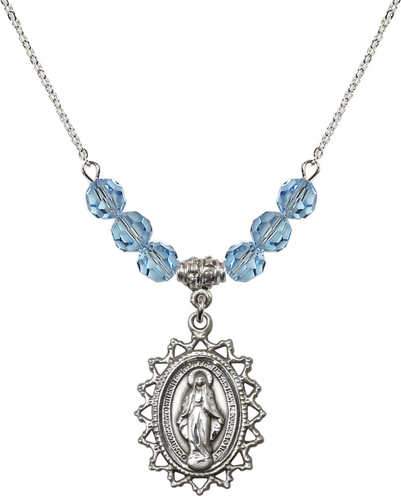 Sterling Silver Miraculous Birthstone Necklace with Aqua Beads - 1619