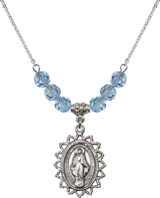 Sterling Silver Miraculous Birthstone Necklace with Aqua Beads - 1619
