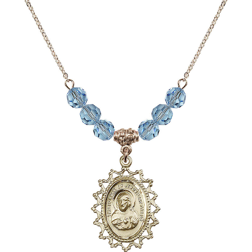 14kt Gold Filled Scapular Birthstone Necklace with Aqua Beads - 1619