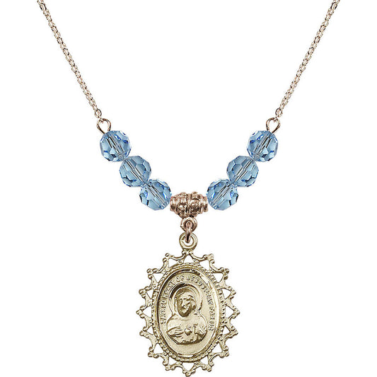 14kt Gold Filled Scapular Birthstone Necklace with Aqua Beads - 1619