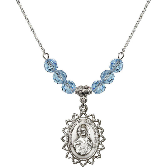 Sterling Silver Scapular Birthstone Necklace with Aqua Beads - 1619