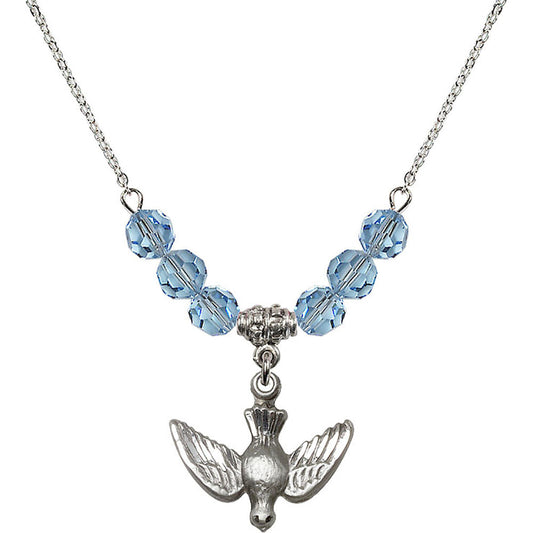 Sterling Silver Holy Spirit Birthstone Necklace with Aqua Beads - 1628