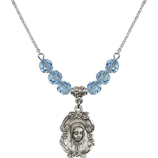 Sterling Silver Madonna Birthstone Necklace with Aqua Beads - 1647