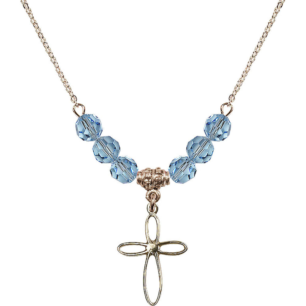 14kt Gold Filled Loop Cross Birthstone Necklace with Aqua Beads - 1707