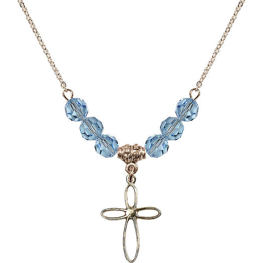 14kt Gold Filled Loop Cross Birthstone Necklace with Aqua Beads - 1707