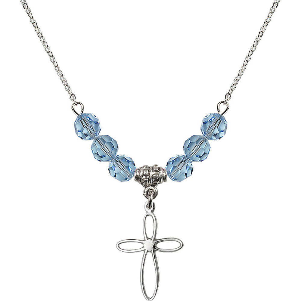 Sterling Silver Loop Cross Birthstone Necklace with Aqua Beads - 1707
