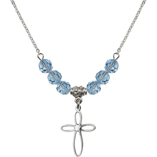Sterling Silver Loop Cross Birthstone Necklace with Aqua Beads - 1707
