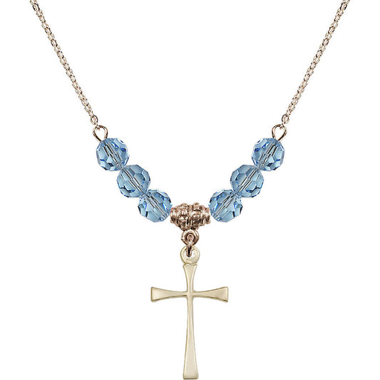 14kt Gold Filled Maltese Cross Birthstone Necklace with Aqua Beads - 1870