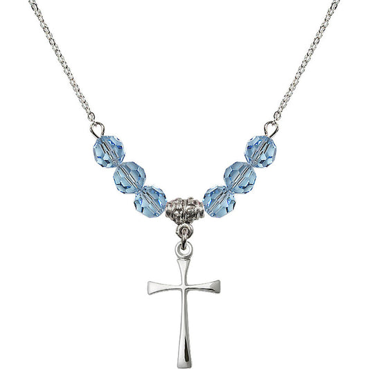 Sterling Silver Maltese Cross Birthstone Necklace with Aqua Beads - 1870