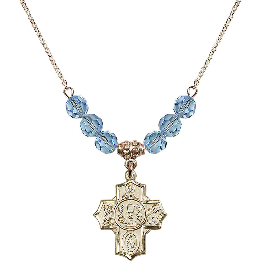 14kt Gold Filled Communion/5-Way Birthstone Necklace with Aqua Beads - 2004