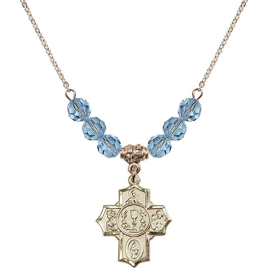 14kt Gold Filled Communion/5-Way Birthstone Necklace with Aqua Beads - 2004