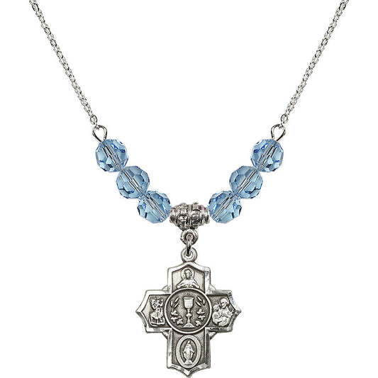 Sterling Silver Communion/5-Way Birthstone Necklace with Aqua Beads - 2004