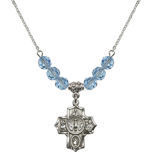 Sterling Silver 5-Way Birthstone Necklace with Aqua Beads - 2090
