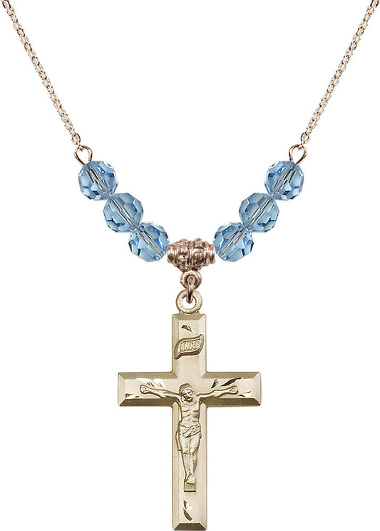 14kt Gold Filled Crucifix Birthstone Necklace with Aqua Beads - 2186