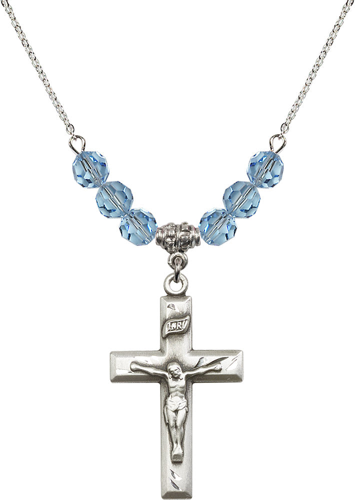 Sterling Silver Crucifix Birthstone Necklace with Aqua Beads - 2186