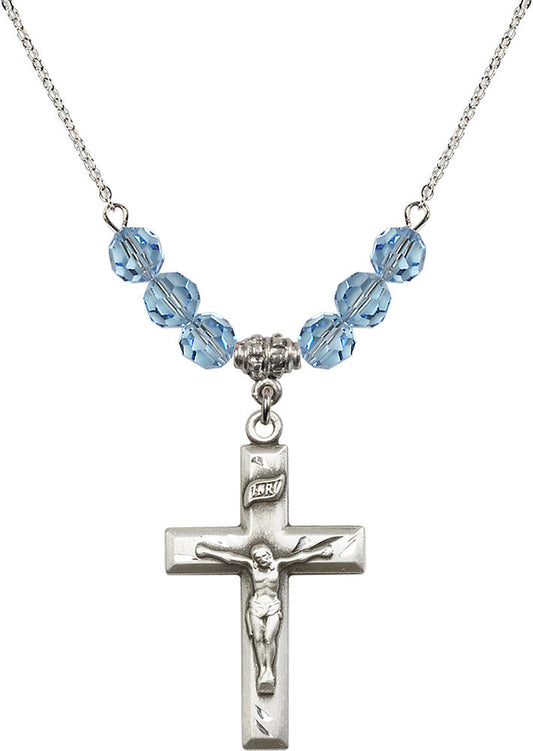 Sterling Silver Crucifix Birthstone Necklace with Aqua Beads - 2186