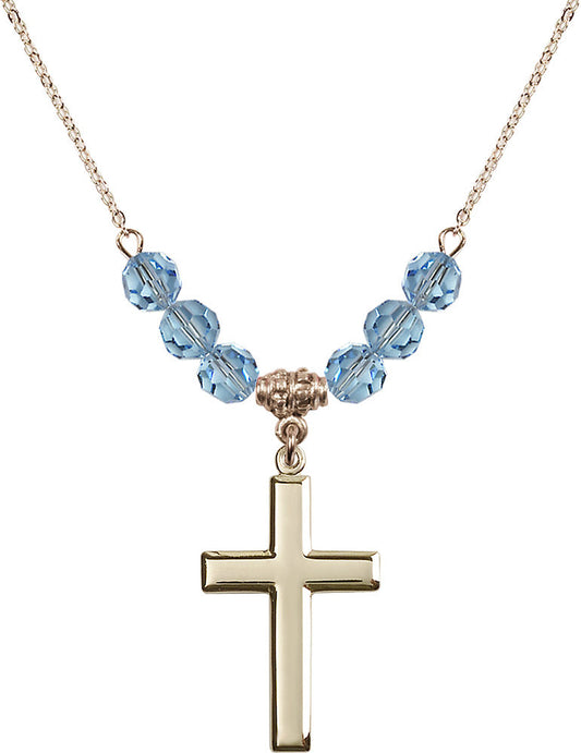 14kt Gold Filled Cross Birthstone Necklace with Aqua Beads - 2190