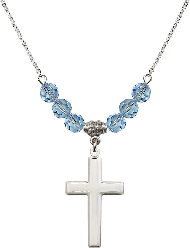 Sterling Silver Cross Birthstone Necklace with Aqua Beads - 2190