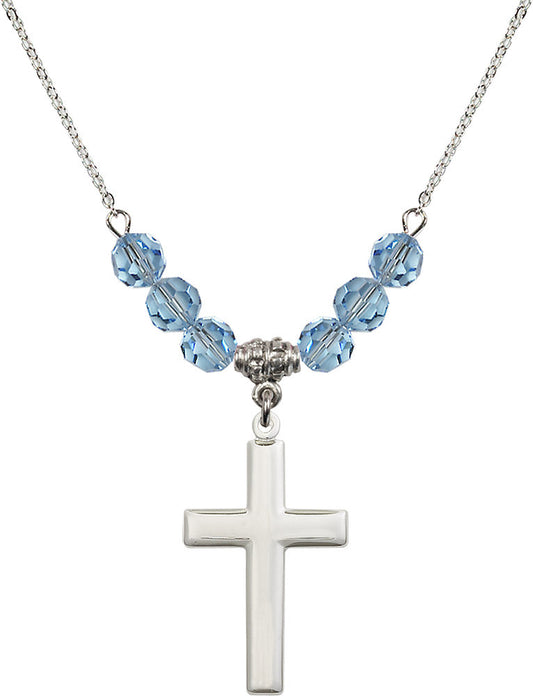 Sterling Silver Cross Birthstone Necklace with Aqua Beads - 2190