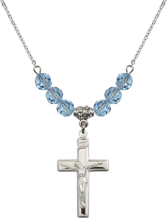 Sterling Silver Crucifix Birthstone Necklace with Aqua Beads - 2191