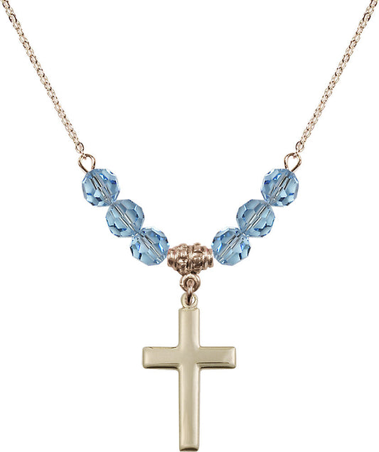 14kt Gold Filled Cross Birthstone Necklace with Aqua Beads - 2195