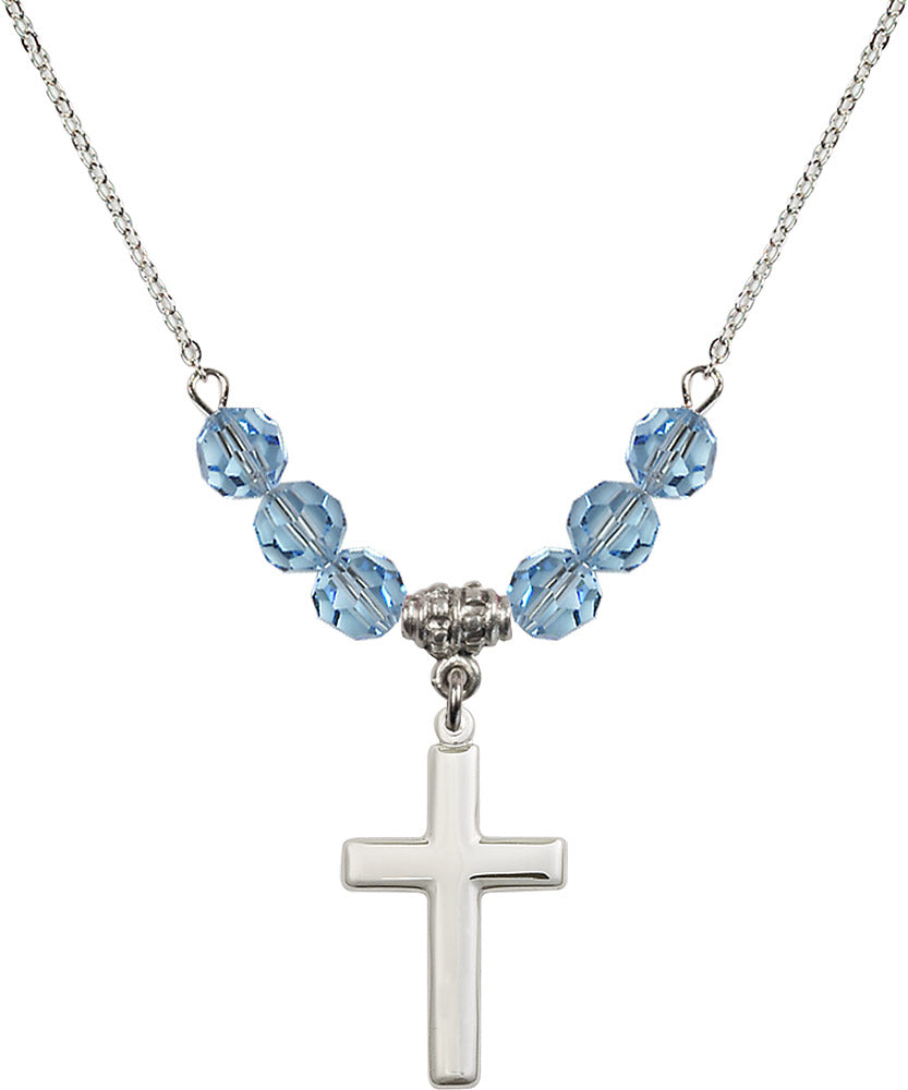 Sterling Silver Cross Birthstone Necklace with Aqua Beads - 2195