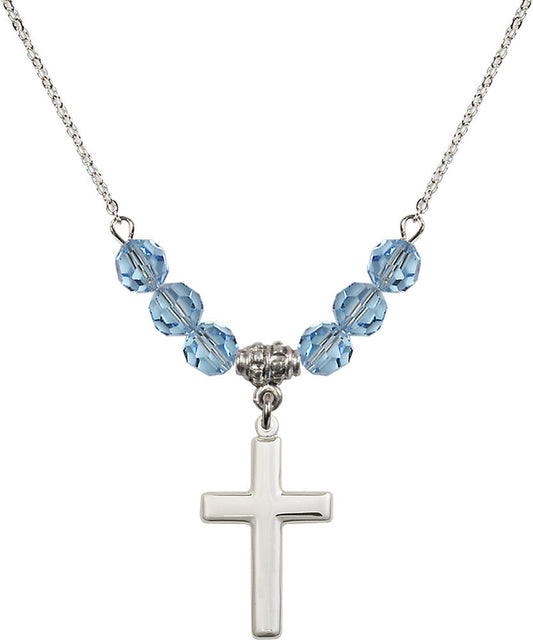 Sterling Silver Cross Birthstone Necklace with Aqua Beads - 2195