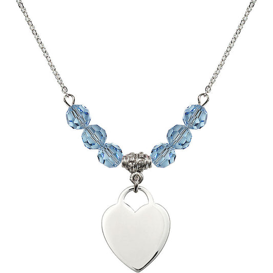 Sterling Silver Heart Birthstone Necklace with Aqua Beads - 3200