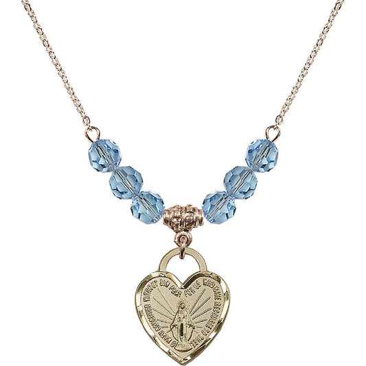 14kt Gold Filled Miraculous Heart Birthstone Necklace with Aqua Beads - 3201