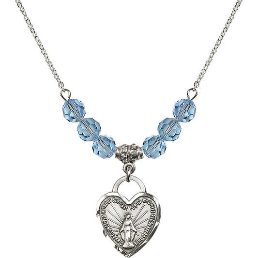 Sterling Silver Miraculous Heart Birthstone Necklace with Aqua Beads - 3201
