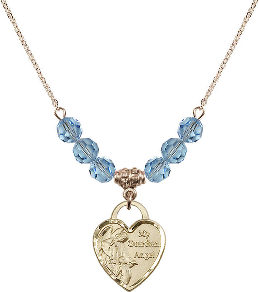 14kt Gold Filled Guardian Angel Heart Birthstone Necklace with Aqua Beads - 3202
