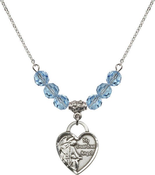 Sterling Silver Guardian Angel Heart Birthstone Necklace with Aqua Beads - 3202