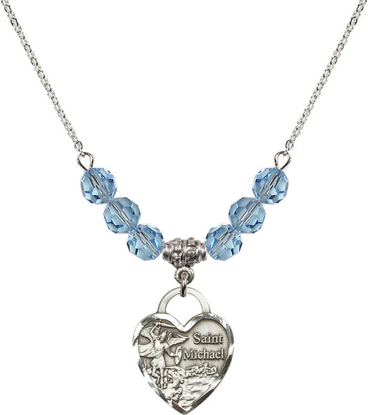 Sterling Silver Saint Michael the Archangel Birthstone Necklace with Aqua Beads - 3203