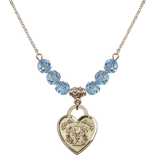 14kt Gold Filled Communion Heart Birthstone Necklace with Aqua Beads - 3204