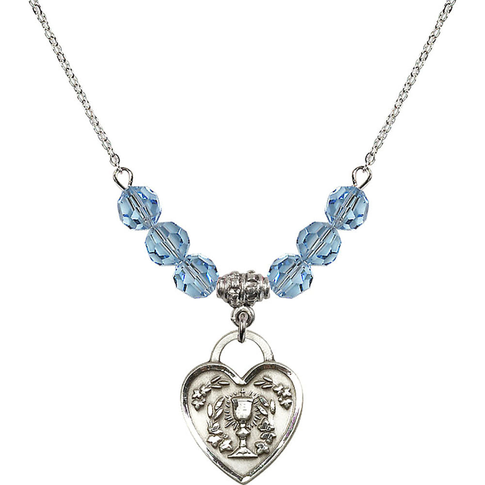 Sterling Silver Communion Heart Birthstone Necklace with Aqua Beads - 3204