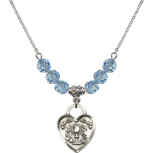 Sterling Silver Communion Heart Birthstone Necklace with Aqua Beads - 3204