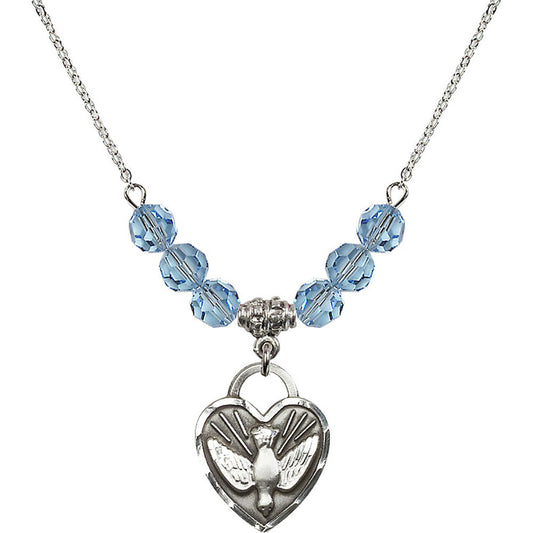 Sterling Silver Confirmation Heart Birthstone Necklace with Aqua Beads - 3205