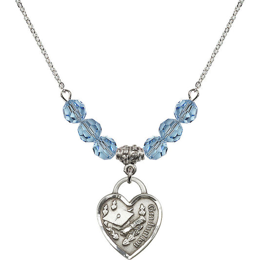 Sterling Silver Graduation Heart Birthstone Necklace with Aqua Beads - 3206