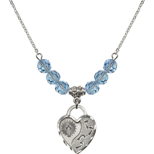 Sterling Silver Footprints Heart Birthstone Necklace with Aqua Beads - 3207
